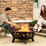 32 Inch Round Fire Pit with Mesh Cover, Fire Poker, Star and Moon Design, Metal Wood Burning Outdoor Firepit for Patio, Backyard, Garden, Bonfire Party,Perfect for Christmas, Thanksgiving, Halloween - Image 6