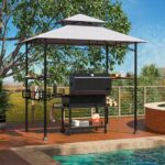 Tangkula 8x5 Ft Grill Gazebo, 2-Tier Barbecue Gazebo with 2 Shelves, 10 Hanging Hooks, Bottle Opener & Storage Basket, Outdoor Grill Canopy for Backyard Garden Poolside (Grey) - Image 2