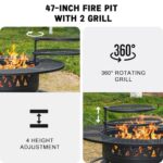 47 Inch Fire Pit with 2 Grills, Outdoor Extra Large Firepits for Outside, Wood Burning Fireplace for Camping,Picnic,Bonfire, 3-in-1 Round Metal Table with Lid for Backyard,Patio,Party - Image 2