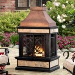 Sunjoy Outdoor Fireplace, Smith Collection Patio Wood Burning Steel Fireplace with Chimney, Spark Screen, Fire Poker, and Removable Grate, Copper with Yellow Tile