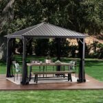 YMGSCC 10ft Square Gazebo Hard Top Aluminum Frame Gazebo Waterproof Polyester Curtain Mesh Side Panels - Image 3