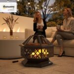 Outsunny 28" Outdoor Fire Pit Grill, Portable Wood Burning Firepit for Outside with Cooking Grate, Fire Poker, Spark Screen Lid, Steel Hexagon Fireplace for Patio Bonfire Backyard BBQ Camping Picnic - Image 2