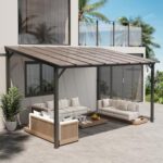 VONZOY 10' x 14' Gazebo, Hardtop Wall Mounted Lean to Gazebo Pergola for Patio, Large Aluminum Pergola Awnings for Decks, Patio, Backyard, Porch
