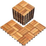 TimberWave Pack of 20 Patio Deck Tiles, Solid Acacia Wood Floor Tiles, Outdoor Interlocking Waterproof All Weather (12"x12" - 12 Slat, Golden Teak)