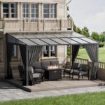 ALAULM 10'x 14' Outdoor Hardtop Pergola,Wall Mounted Lean to Gazebo with Curtains and Netting,Galvanized Metal Frame,Sunshade for Patio, Backyard, Deck and Lawns-Gray