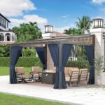 Gotland 10FTx12FT Outdoor Wall-Mounted Hardtop Pergola, Metal Frame Gazebo with Sloping Sun Panel Roof and Double Curtains for Patio, Garden, Lawn, Navy - Image 9