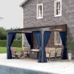 Gotland 10FTx12FT Outdoor Wall-Mounted Hardtop Pergola, Metal Frame Gazebo with Sloping Sun Panel Roof and Double Curtains for Patio, Garden, Lawn, Navy