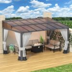 RTDTD 10' x 14' Gazebo，Hard Top Lean to Gazebo Wall Mount Heavy Hardtop Gazebos Outdoor Pergola with Curtains and Netting for Patio Garden Lawn Backyard Deck (Grey)