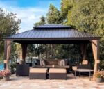 PURPLE LEAF Hardtop Gazebo 12' X 16' Metal Roof with Netting and Curtains Backyard Deck Garden Porch Patio Pavilion Permanent Aluminum Outdoor Metal Canopy