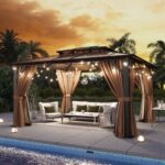 Aoxun 12'x10' Hardtop Gazebo, Aluminum Frame Permanent Pavilion with Curtains and Netting, Outdoor Polycarbonate Double Roof Canopy, Designed for Garden, Lawns, Patio, Brown - Image 3