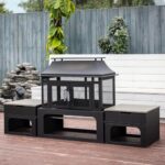 Deko Living 70 Inch Rectangular Outdoor Steel Woodburning Fireplace with Side Tables - Integrated Log Storage and Log Poker - Image 2
