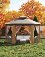 Pop Up Gazebo 13x13 ft, Outside Canopy Tent with 6 Pcs Mosquito Netting, One Push Setup for Backyard Patio Garden Activities - Khaki & Beige