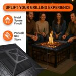 Zorestar 3 in 1 Metal Square Firepit (31.8"Dx31.8"Wx12.5"H-In) - Heavy-Duty & Portable BBQ Stove with Screen Cover & Poker - Wood Burning and Drink Cooling Fire Pit for Patio, Bonfire, Backyard, Deck - Image 2