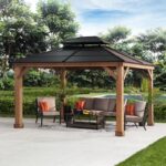 Sunjoy Hardtop Gazebo 11’ x 13’ Outdoor Cedar Framed Wood Gazebo with Black Double Steel Hardtop Roof Permanent Canopy for Garden, Backyard Shade…