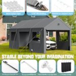 Benass 12x20 Carport, Heavy Duty Carport Canopy Garage with Removable Sidewalls and Drive Through Roll Up Zipper Doors & Side Doors, Grey - Image 3