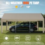 JAMFLY Carport, 12x20 ft Heavy Duty Carport with Roll-up Windows, Portable Garage with Removable Sidewalls & Doors, Car Canopy with Sandbags and All-Season Tarp for Car Boat Truck Motorcycle, Khaki - Image 4