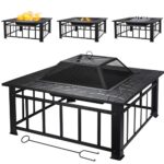 Zorestar 3 in 1 Metal Square Firepit (31.8"Dx31.8"Wx12.5"H-In) - Heavy-Duty & Portable BBQ Stove with Screen Cover & Poker - Wood Burning and Drink Cooling Fire Pit for Patio, Bonfire, Backyard, Deck