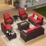 Gotland 10 Pieces Patio Furniture Set with 2 Swivel Rocking Chairs 1 Fire Pit Table, Patio Furniture in 4 Combinations with 1 Coffee Table Wide Armrests 29.5'' High Backrest, for Deck Garden Pool Red - Image 9