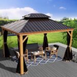 Kozyard Apollo 10’x12’ Hardtop Gazebo, Wooden Coated Aluminum Frame Canopy with Galvanized Steel Double Roof, Outdoor Permanent Metal Pavilion with Netting for Patio, Deck and Lawn (10ft x 12ft)