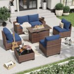 Aoxun 7 Pieces Patio Furniture Set with 44” Fire Pit Table Wicker Rattan Outdoor Sectional Conversation Set with Coffee Table and 4” Thickened Cushions, Blue(Waterproof Cover Included)