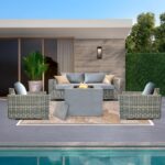 Kinger Home Kai 4-Piece Outdoor Patio Furniture Set with 32-Inch Fire Pit, Outdoor Loveseat and Stationary Chairs, Rattan Wicker, Aluminum Frame, Includes Fire Glass & Wind Guard - Image 2