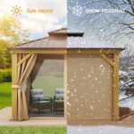 YITAHOME 10x10ft Hardtop Gazebo w/Nettings and Curtains, Heavy Duty Gazebo w/Wood Grain Double Roof Galvanized Steel Outdoor Combined of Vertical Stripes Roof for Patio, Backyard, Deck, Lawns, Brown - Image 4