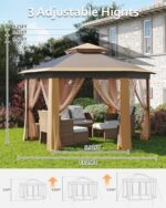 Pop Up Gazebo 13x13 ft, Outside Canopy Tent with 6 Pcs Mosquito Netting, One Push Setup for Backyard Patio Garden Activities - Khaki & Beige - Image 5