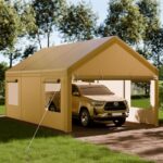 Shintenchi Carport 12' x 20' Heavy Duty Portable Garage, Car Port Canopy with Side-Opening Removable Door & Roll-Up Windows, Car Canopy for Truck,Car,Boat,Motorcycle,Khaki - Image 2