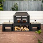 Deko Living 70 Inch Rectangular Outdoor Steel Woodburning Fireplace with Side Tables - Integrated Log Storage and Log Poker