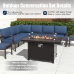 Kurapika Patio Furniture Set 10-Piece Aluminum Sectional Sofa with Armrest, Modern Outdoor Conversation Set w/55000 BTU Propane Fire Pit Table, Metal Corner Sofa with Ottoman, Navy Blue - Image 5