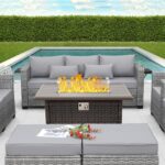Wicker Propane Fire Pit Outdoor Fire Pit Table 60000 BTU 43 Inches Gas Fire Pit with Steel Grille Tabletop Double Fire Tube Blue Crystal Beads and Fire Pit Cover - Image 2