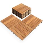 Pack of 10 Deck Tiles - 12"x12" Interlocking Natural Solid Acacia Wood for Outdoor & Indoor, Patio Garden, Balcony, Poolside - Teak Color