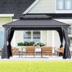 Domi 10’ X 14’ Hardtop Gazebo Canopy with Netting & Curtains, Outdoor Metal Gazebo with Galvanized Steel Double Roof for Patio Lawn and Garden, Gray