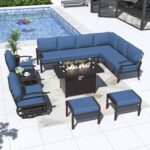 Kurapika Patio Furniture Set 10-Piece Aluminum Sectional Sofa with Armrest, Modern Outdoor Conversation Set w/55000 BTU Propane Fire Pit Table, Metal Corner Sofa with Ottoman, Navy Blue - Image 7