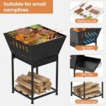YBING Wood Burning Fire Pit for Outside - 24 Inch Outdoor Fire Pit with Grill, 2-in-1 Square Firepit with Ash Tray and Wood Storage for Camping, Backyard, Patio, Black - Image 4