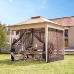 VIVOHOME Pop Up Gazebo 10x10ft Outdoor Canopy Tent with Mosquito Netting & 2 Tiers Roof for Patio Garden Backyard, Beige - Image 2