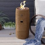 COSIEST Outdoor Propane Fire Pit Table w Compact Ledgestone 11-inch Round Graphite Base, Certified, 15,000 BTU, Free Lava Rocks, Touch-up Pen, Rain Cover for Patio Garden(Brown)