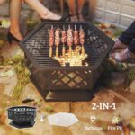 Outsunny 28" Outdoor Fire Pit Grill, Portable Wood Burning Firepit for Outside with Cooking Grate, Fire Poker, Spark Screen Lid, Steel Hexagon Fireplace for Patio Bonfire Backyard BBQ Camping Picnic - Image 3
