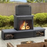 SUNJOY Outdoor Fireplace with Wood Storage and Chimney, Steel Metal Wood Burning Fire Pit with Mesh Spark Screen Door & Fire Poker, Fireplace Tool and PVC Cover, for Patio Garden Deck Backyard, Black