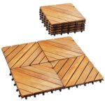 PrimeZone 9 PCS Solid Acacia Wood Interlocking Patio Deck Tiles - 12" x 12" Indoor Outdoor Waterproof Flooring Tiles for Balcony, Backyard & Poolside, All Weather Use, Natural Wood, Diagonal