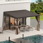 Domi 12x14FT Lean to Gazebo, Hardtop Wall Mounted Gazebo with Sloping Galvanized Steel Roof, Wall Pergola with Aluminum Frame, Curtains and Netting, for Patio, Deck, Garden, Backyard - Image 3