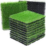 Artificial Grass Tiles Interlocking Turf Squares Deck 9 Pack -12"x12" Indoor Outdoor Faux Grass Rug with Drainage Holes-Fake Grass Tiles Self-draining for Garden Lawn Landscape Balcony Decoration