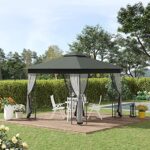 Outsunny 10' x 10' Metal Patio Gazebo, Double Roof Outdoor Gazebo Canopy Shelter with Tree Motifs Corner Frame and Netting, for Garden, Lawn, Backyard, and Deck, Gray - Image 2