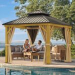 YITAHOME 10x10ft Hardtop Gazebo w/Nettings and Curtains, Heavy Duty Gazebo w/Wood Grain Double Roof Galvanized Steel Outdoor Combined of Vertical Stripes Roof for Patio, Backyard, Deck, Lawns, Brown - Image 2