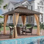 GAZEBEST 10x10 ft Hardtop Gazebo Outdoor Aluminum Patio Gazebo Double Roof Galvanized Steel Canopy with Netting and Curtains for Garden, Backyard,Deck and Lawns