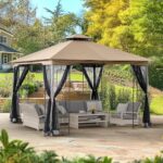 Covered Outdoor Patio Gazebo 11'x11' with Netting, Outdoor Gazebo with Stable Frame, Canopy Tent with Double Roofs and Ceiling Hooks, Pop Up Canopy Tent for Patio Lawn (Brown) - Image 3