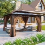 Aoxun 12'x10' Hardtop Gazebo, Aluminum Frame Permanent Pavilion with Curtains and Netting, Outdoor Polycarbonate Double Roof Canopy, Designed for Garden, Lawns, Patio, Brown - Image 2