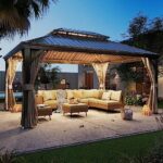 LAUSAINT HOME Outdoor Hardtop Gazebo for Patios 12x16ft, Permanent Heavy Duty Metal Double Roof Pavilion with Aluminum Frame & Enclosed Curtains and Mosquito Nettings for Lawn and Garden, Brown Metal - Image 2