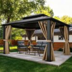 YITAHOME 10X12FT Hard Top Metal Gazebo Patios Double Roof Canopy Aluminum Frame Garden Gzebo Tent Curtains Netting for Patios Backyards Decks Lawns Brown - Image 9