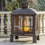 Panovue 45" H×31''W Metal Chiminea Fire Pit with Grill, Wood Burning Fire Pits for Outside,Square Chimineas Fireplace with Mesh Spark Screen Door& Fire Poker for Garden,Yard,BBQ,Bonfire (Black&Gold) - Image 3